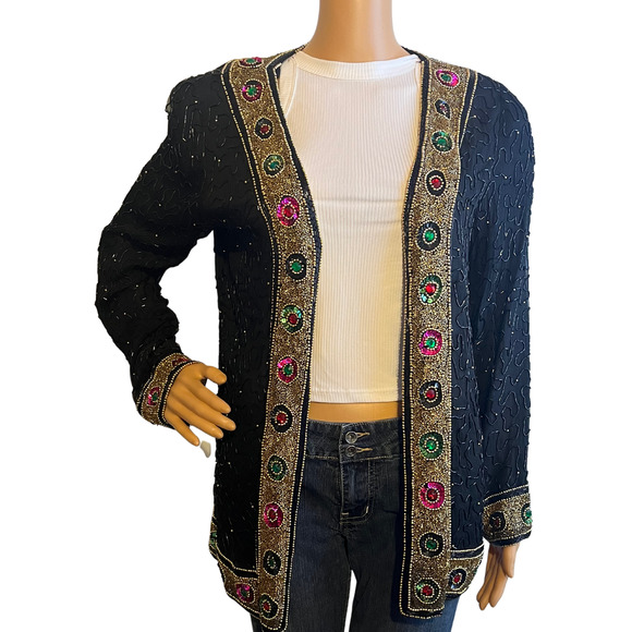 Vintage 80s Silk Beaded and Sequins  Open Front Jacket - Picture 1 of 12